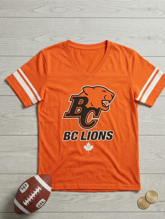 Sogo Tops - Soga Sports BC Lions CFL Jersey Style V-Neck Graphic T-Shirt Orange Size XL